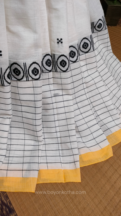 White Dhonekhali handloom cotton saree featuring a delicate yellow border and intricate woven black and yellow motifs. 