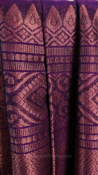 Purple saree, mercerized cotton saree, with copper zari work, Bengal handloom