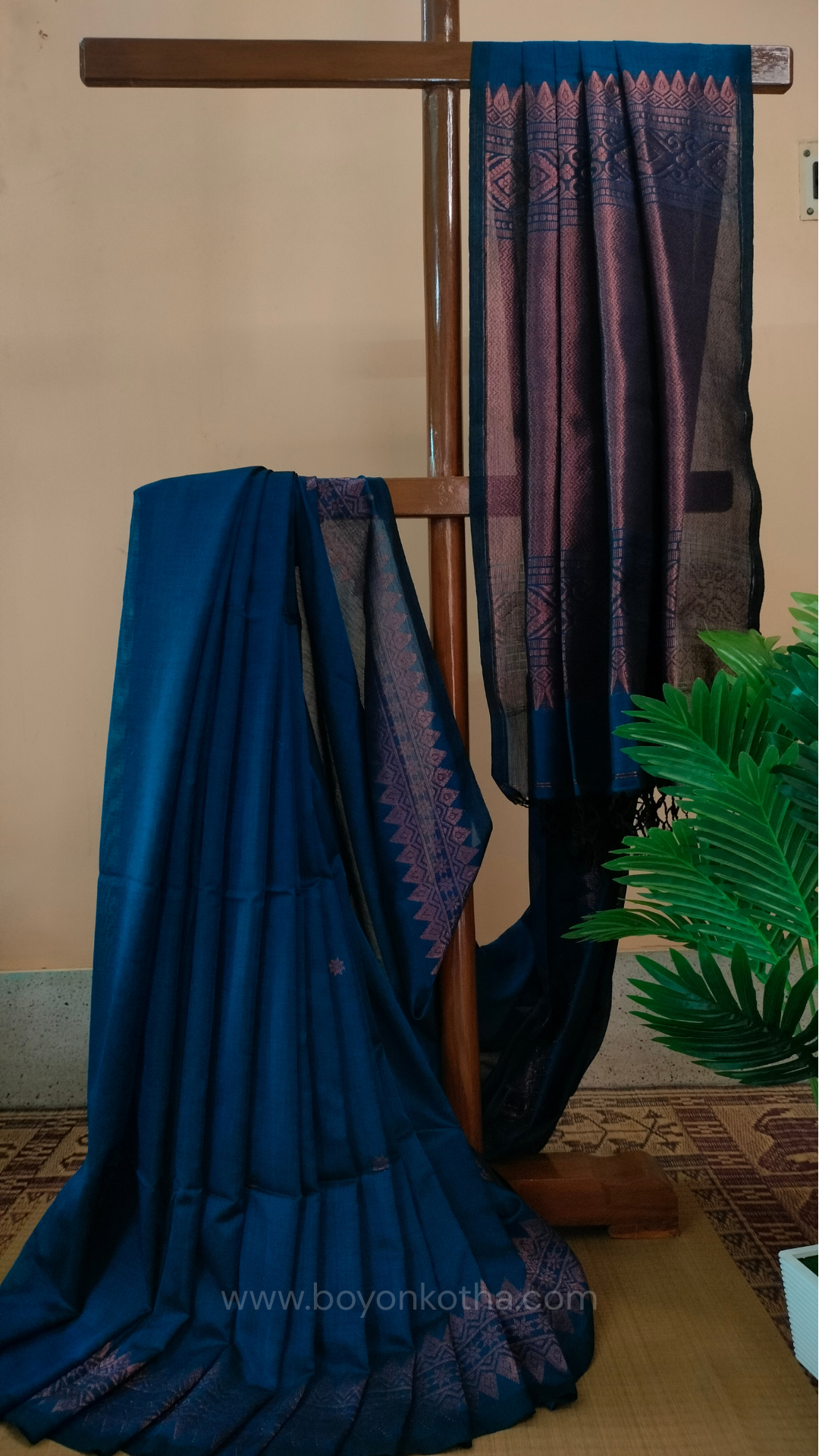 Blue saree, mercerized cotton saree, with copper zari work, Bengal handloom