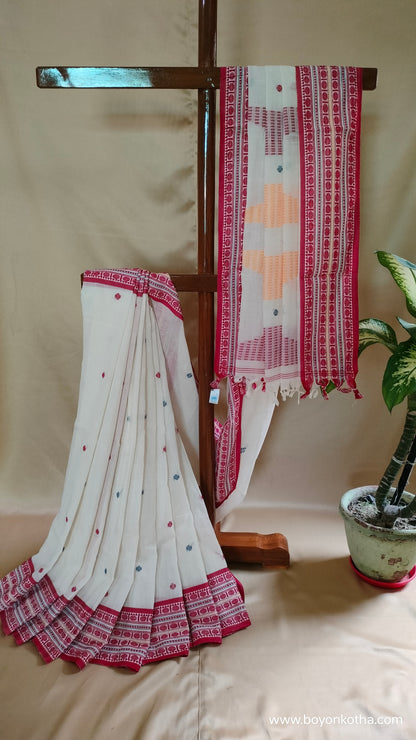 In the Hues of Tradition - Red and White Bengal Handloom Cotton Saree