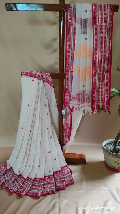 In the Hues of Tradition - Red and White Bengal Handloom Cotton Saree
