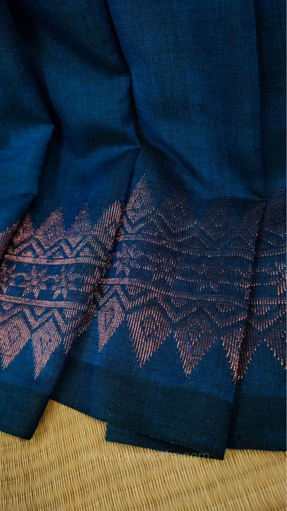 Blue saree, mercerized cotton saree, with copper zari work, Bengal handloom