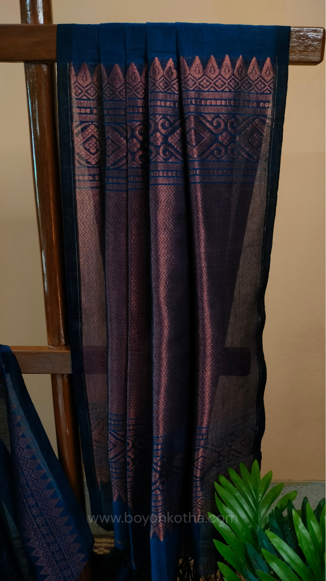Blue saree, mercerized cotton saree, with copper zari work, Bengal handloom