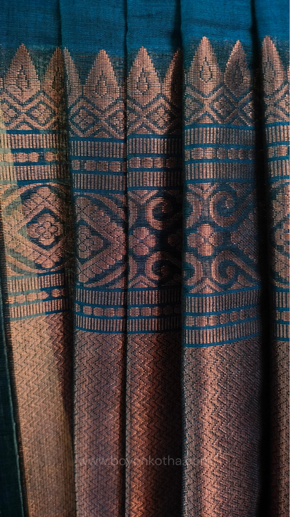Blue saree, mercerized cotton saree, with copper zari work, Bengal handloom
