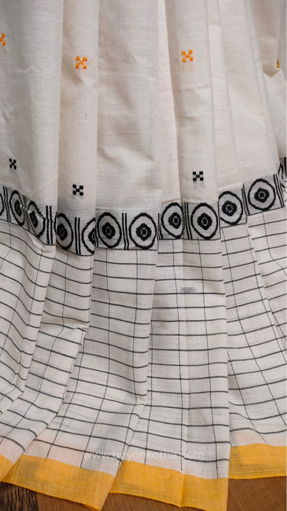 White Dhonekhali handloom cotton saree featuring a delicate yellow border and intricate woven black and yellow motifs. 