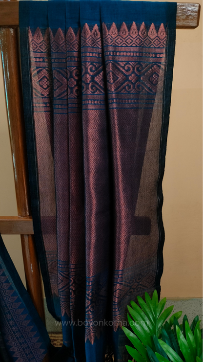 Blue saree, mercerized cotton saree, with copper zari work, Bengal handloom