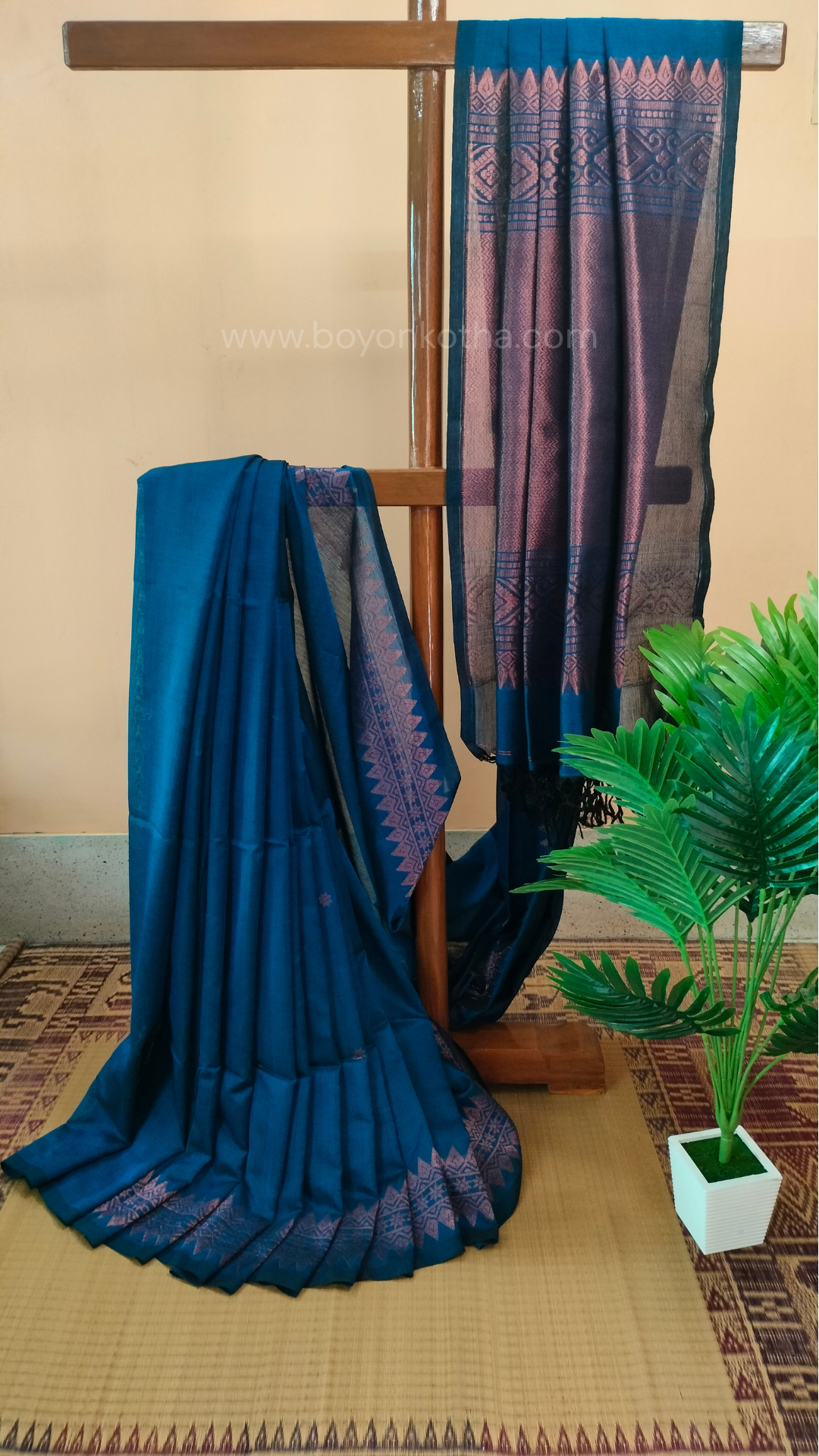 Blue saree, mercerized cotton saree, with copper zari work, Bengal handloom