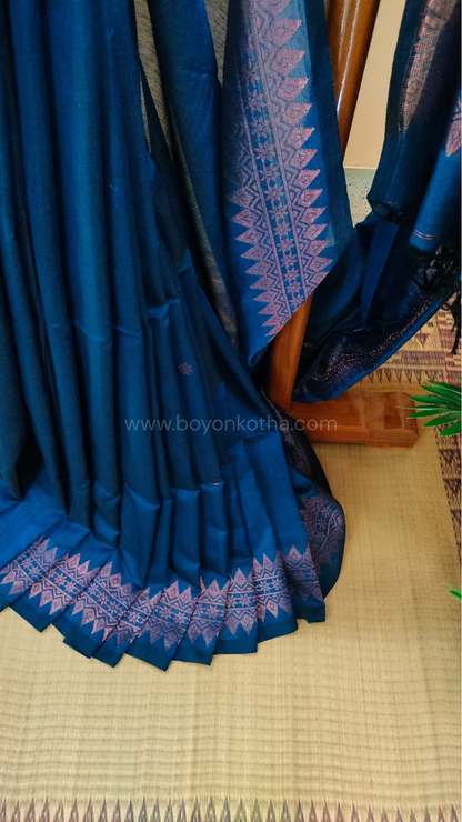 Blue saree, mercerized cotton saree, with copper zari work, Bengal handloom