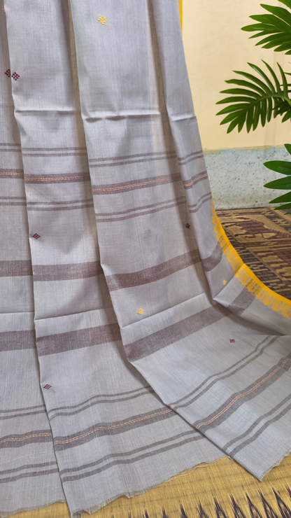 Light grey Dhonekhali handloom cotton saree with maroon and yellow dual border and butas in the saree, Ideal for office wear, casual gathering.