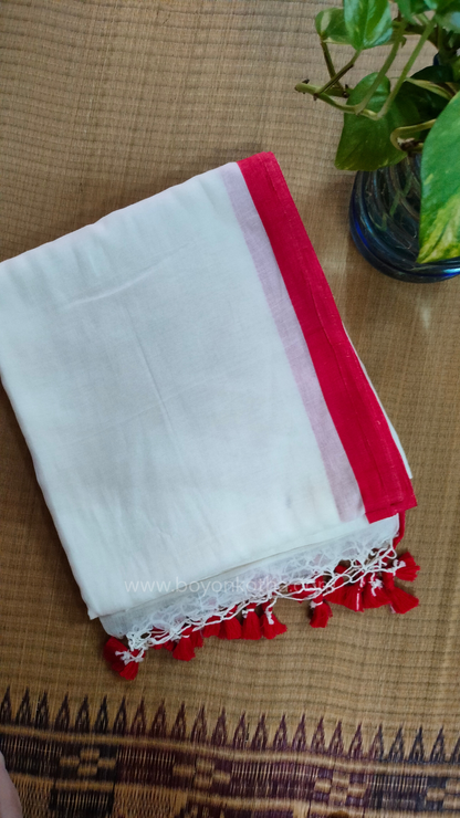 White handwoven mul cotton saree with red border, pallu ending in tassels. Red and white handloom saree, from Bengal handloom.