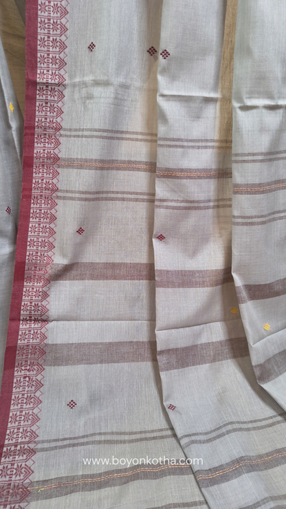Light grey Dhonekhali handloom cotton saree with maroon and yellow dual border and butas in the saree, Ideal for office wear, casual gathering.