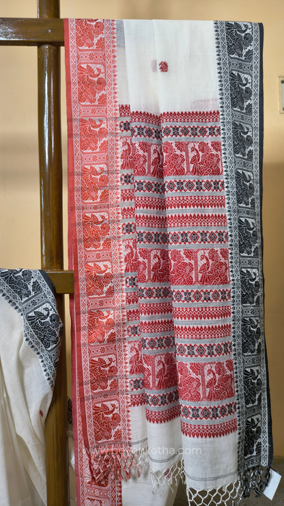 Red and white cotton baluchari saree, from Bengal handloom