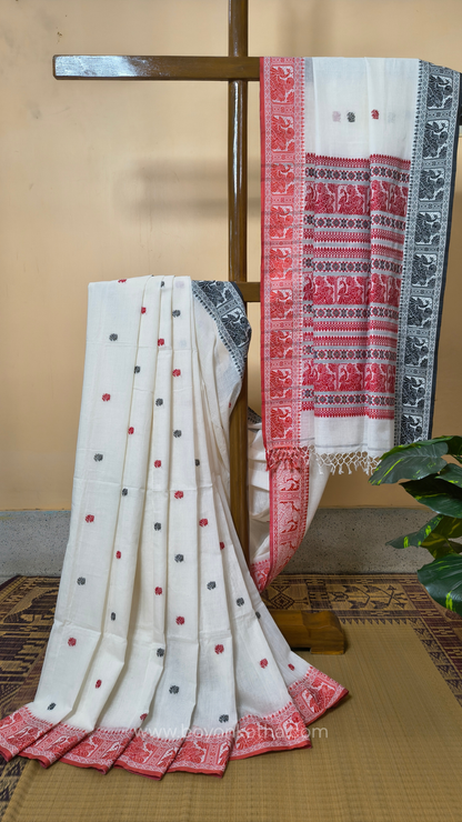 Red and white cotton baluchari saree, from Bengal handloom