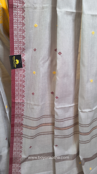 Light grey Dhonekhali handloom cotton saree with maroon and yellow dual border and butas in the saree, Ideal for office wear, casual gathering.
