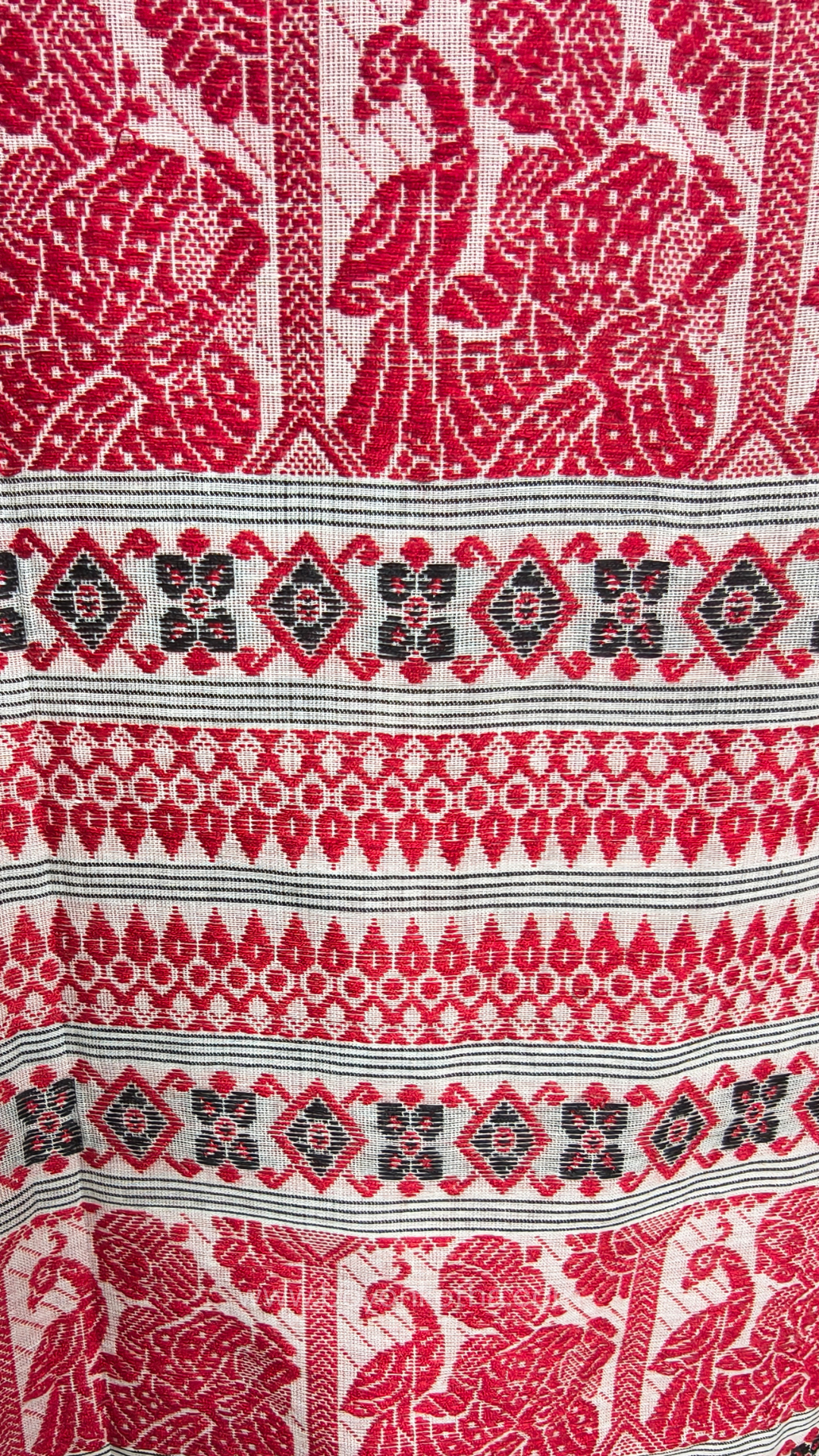 Red and white cotton baluchari saree, from Bengal handloom