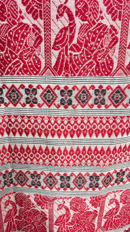 Red and white cotton baluchari saree, from Bengal handloom