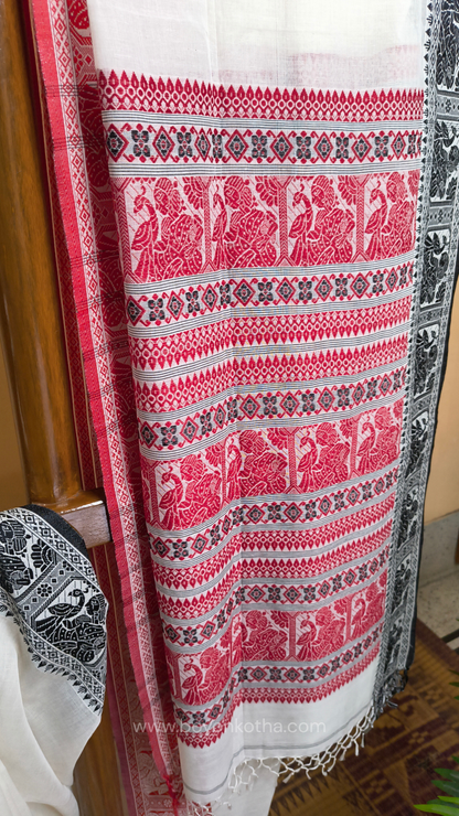 Red and white cotton baluchari saree, from Bengal handloom