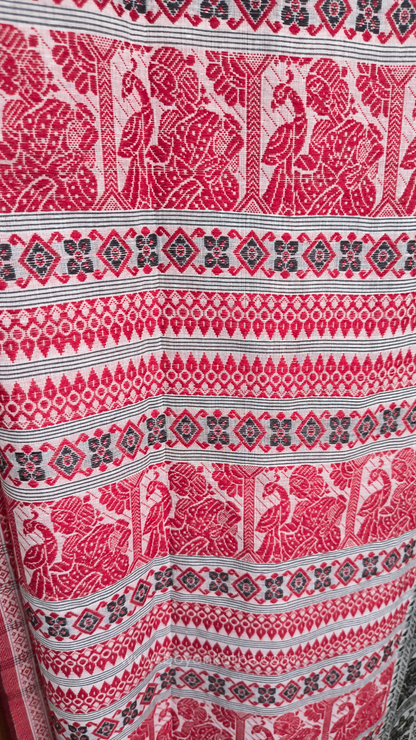 Red and white cotton baluchari saree, from Bengal handloom