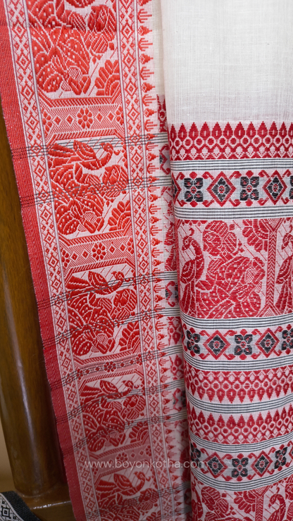 Red and white cotton baluchari saree, from Bengal handloom