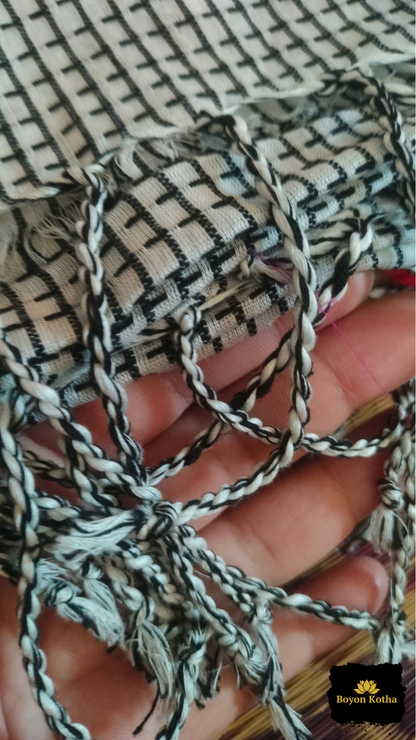 Aarohi Katha – White Handwoven Mercerized Cotton Saree with Woven Black Checks