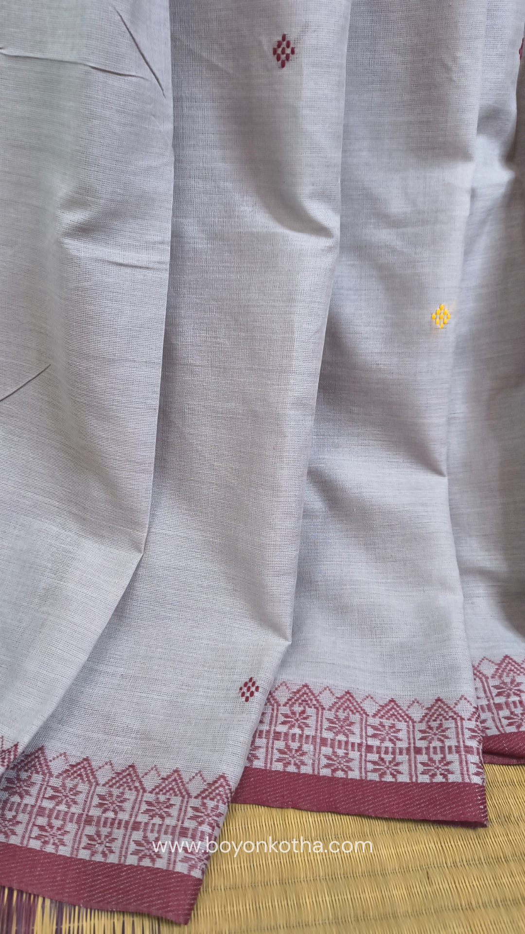 Light grey Dhonekhali handloom cotton saree with maroon and yellow dual border and butas in the saree, Ideal for office wear, casual gathering.