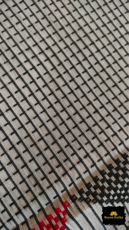 Aarohi Katha – White Handwoven Mercerized Cotton Saree with Woven Black Checks