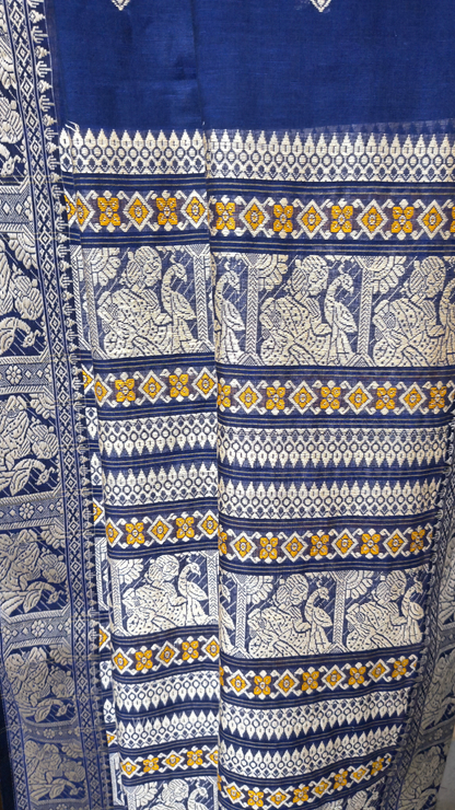 Navy blue cotton baluchari saree, Bengal handloom cotton