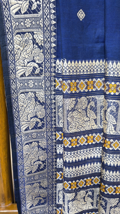 Navy blue cotton baluchari saree, Bengal handloom cotton