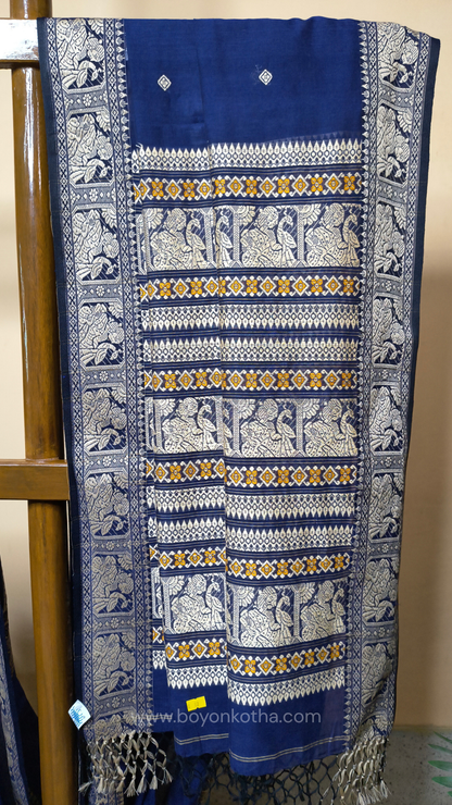 Navy blue cotton baluchari saree, Bengal handloom cotton
