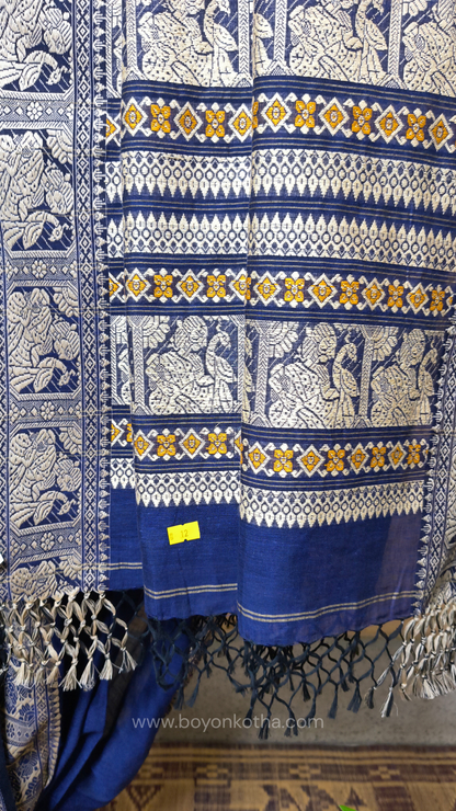 Navy blue cotton baluchari saree, Bengal handloom cotton
