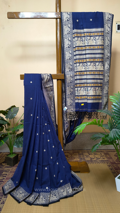Navy blue cotton baluchari saree, Bengal handloom cotton