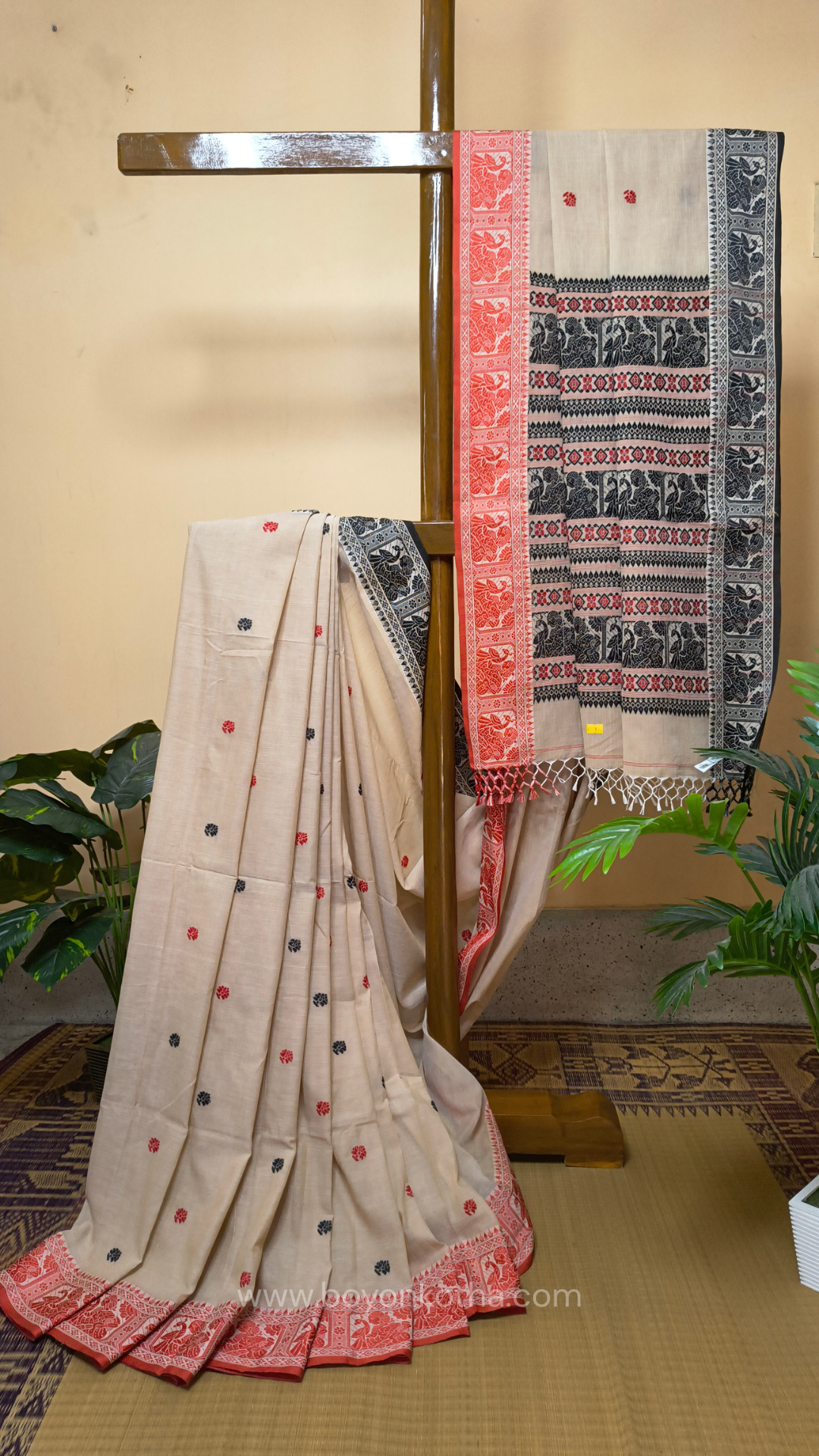 Beige cotton baluchari saree with red and black woven border and pallu, Bengal handloom cotton