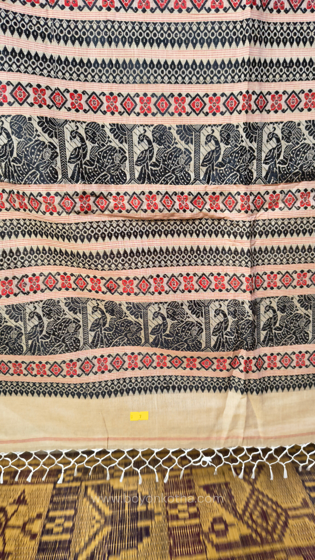 Beige cotton baluchari saree with red and black woven border and pallu, Bengal handloom cotton