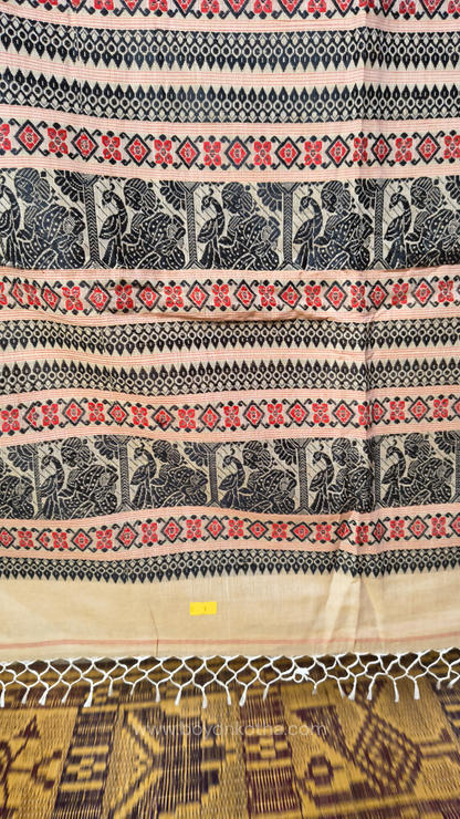 Beige cotton baluchari saree with red and black woven border and pallu, Bengal handloom cotton