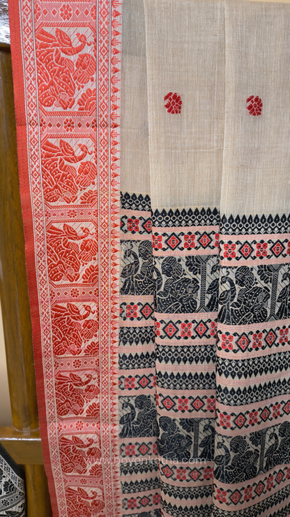 Beige cotton baluchari saree with red and black woven border and pallu, Bengal handloom cotton
