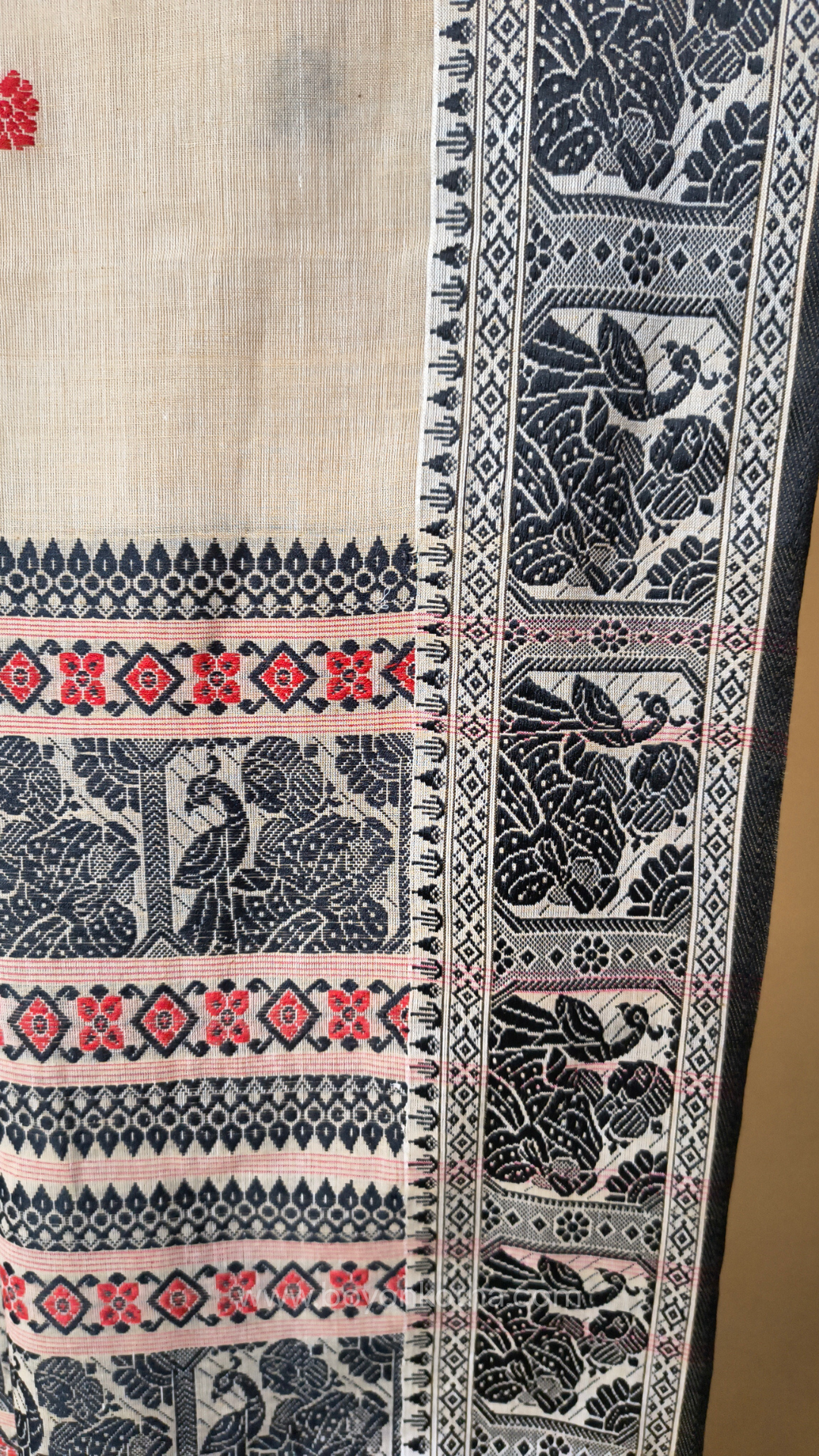 Beige cotton baluchari saree with red and black woven border and pallu, Bengal handloom cotton