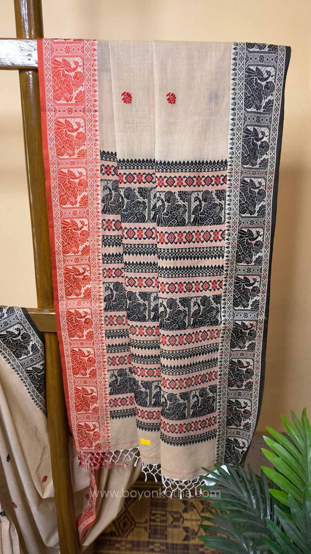 Beige cotton baluchari saree with red and black woven border and pallu, Bengal handloom cotton