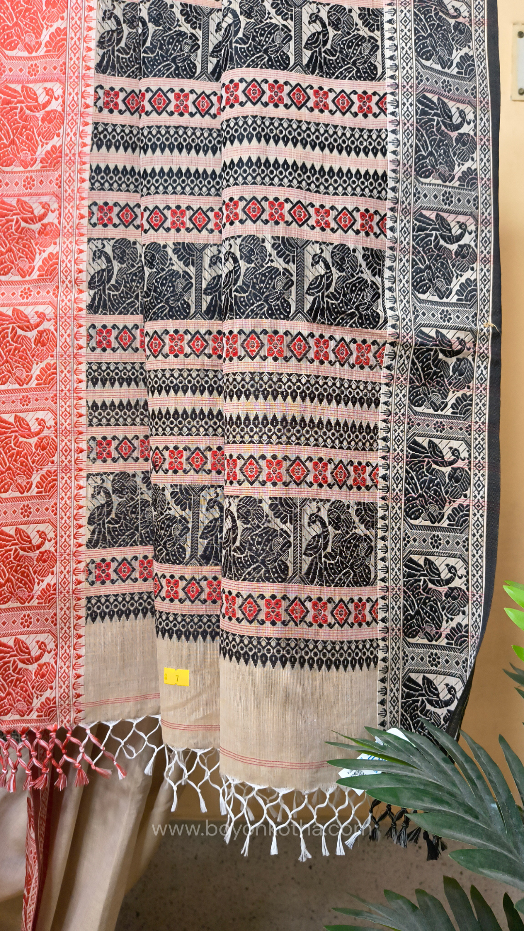 Beige cotton baluchari saree with red and black woven border and pallu, Bengal handloom cotton
