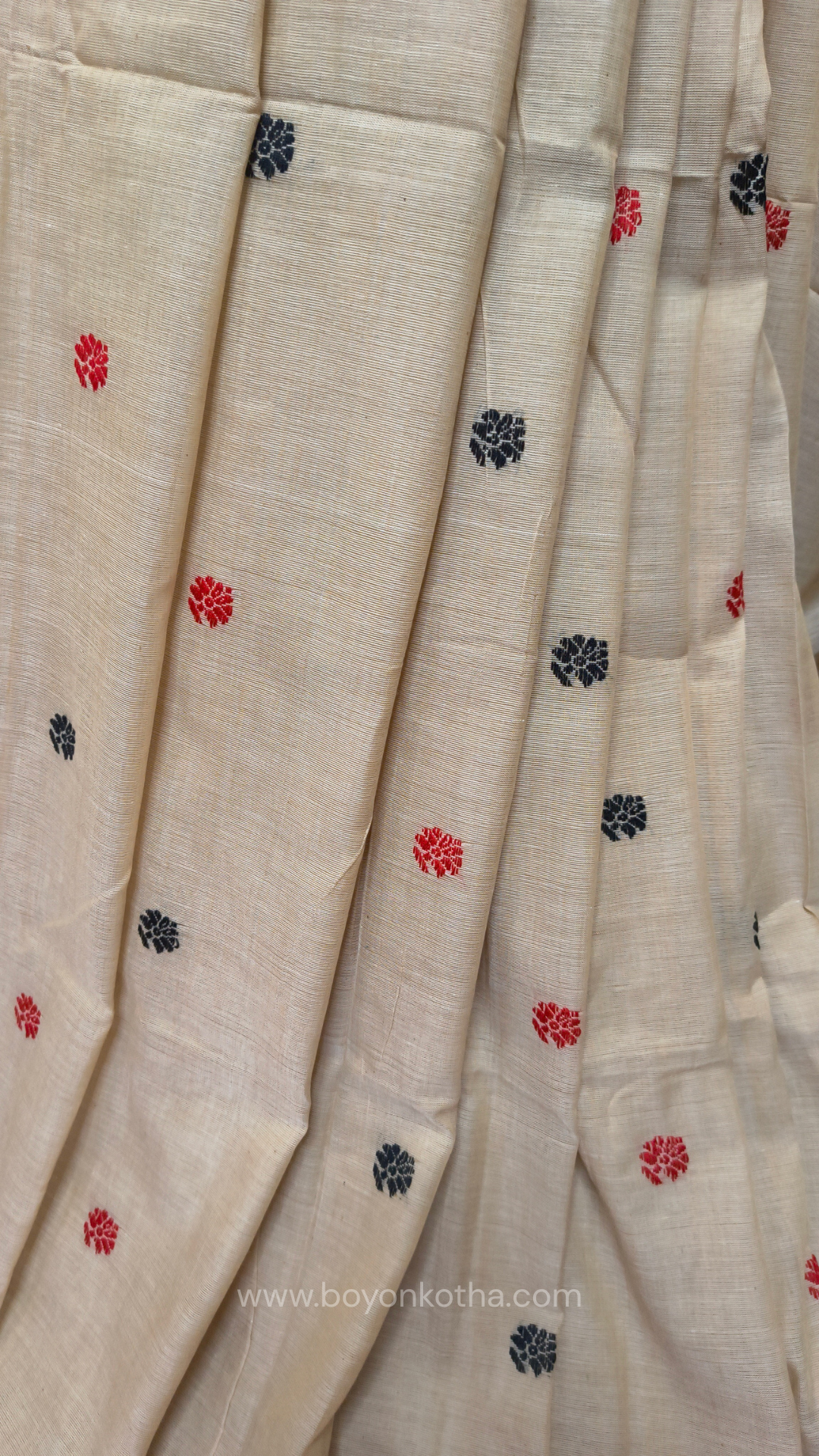 Beige cotton baluchari saree with red and black woven border and pallu, Bengal handloom cotton