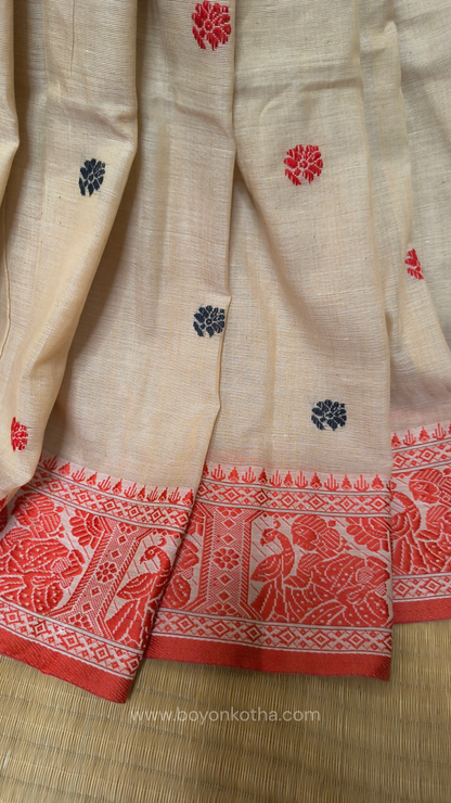 Beige cotton baluchari saree with red and black woven border and pallu, Bengal handloom cotton