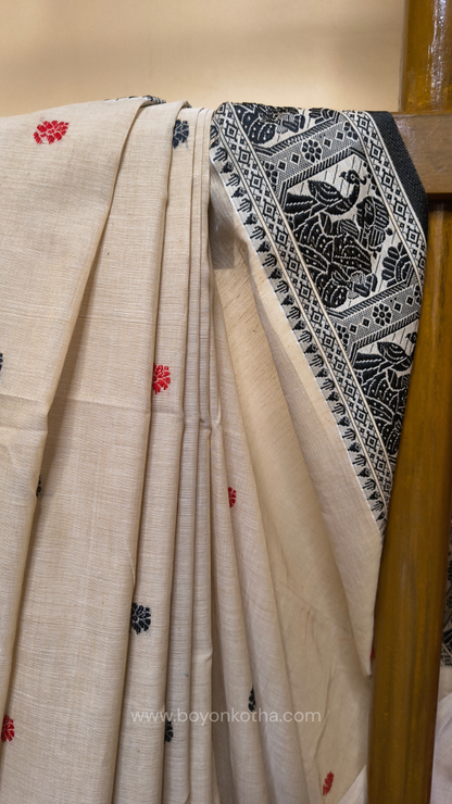 Beige cotton baluchari saree with red and black woven border and pallu, Bengal handloom cotton