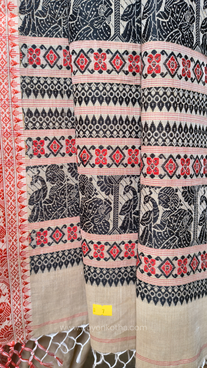 Beige cotton baluchari saree with red and black woven border and pallu, Bengal handloom cotton