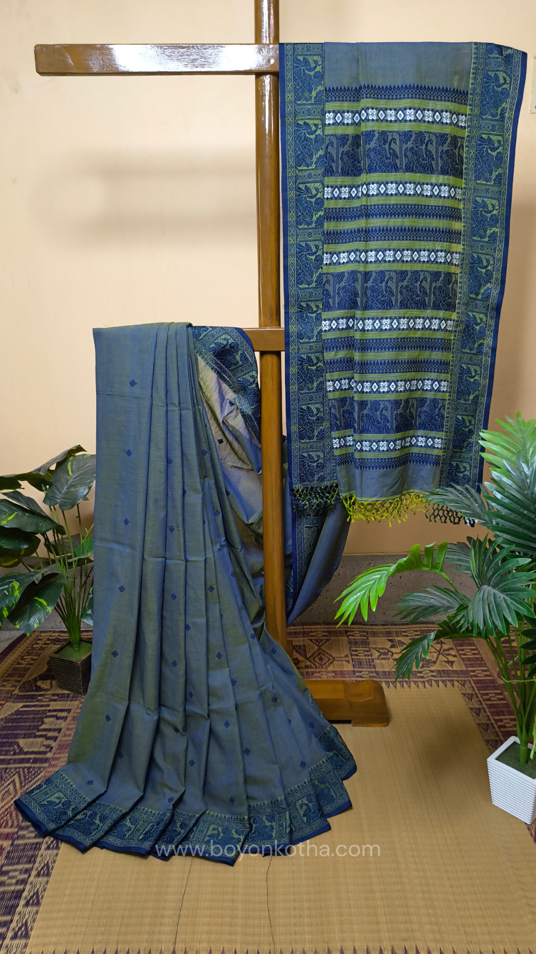 Dual-tone blue-green cotton baluchari saree, Bengal handloom cotton