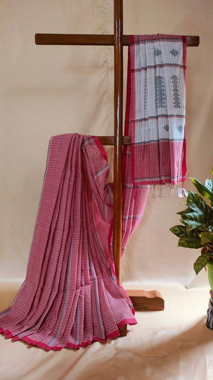 Laal Gamcha - Red, White, and Black Bengal Handloom Cotton Saree