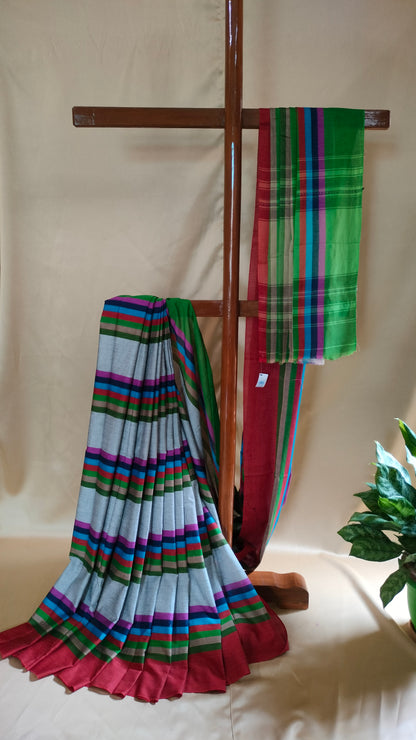 Melody in Motion - Striped Dhonekhali Handloom Cotton Saree