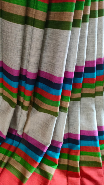 Melody in Motion - Striped Dhonekhali Handloom Cotton Saree