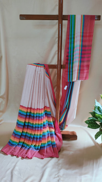 Rainbow Raga - Off-white with Multi-color Stripe Dhonekhali Handloom Cotton Saree