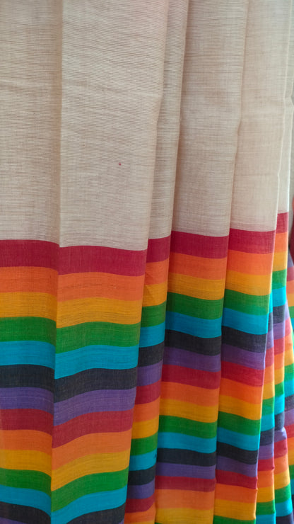 Rainbow Raga - Off-white with Multi-color Stripe Dhonekhali Handloom Cotton Saree