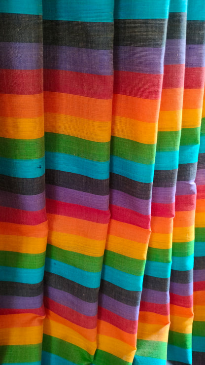 Rainbow Raga - Off-white with Multi-color Stripe Dhonekhali Handloom Cotton Saree