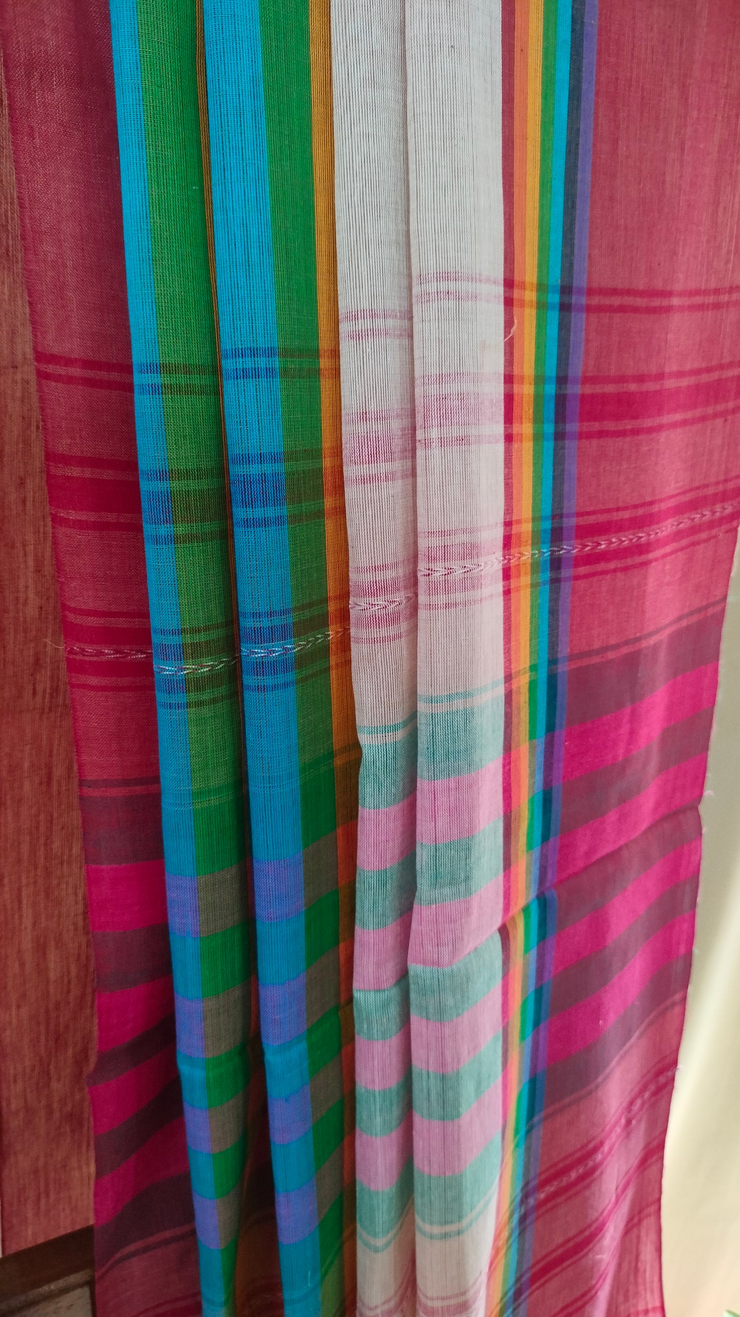 Rainbow Raga - Off-white with Multi-color Stripe Dhonekhali Handloom Cotton Saree